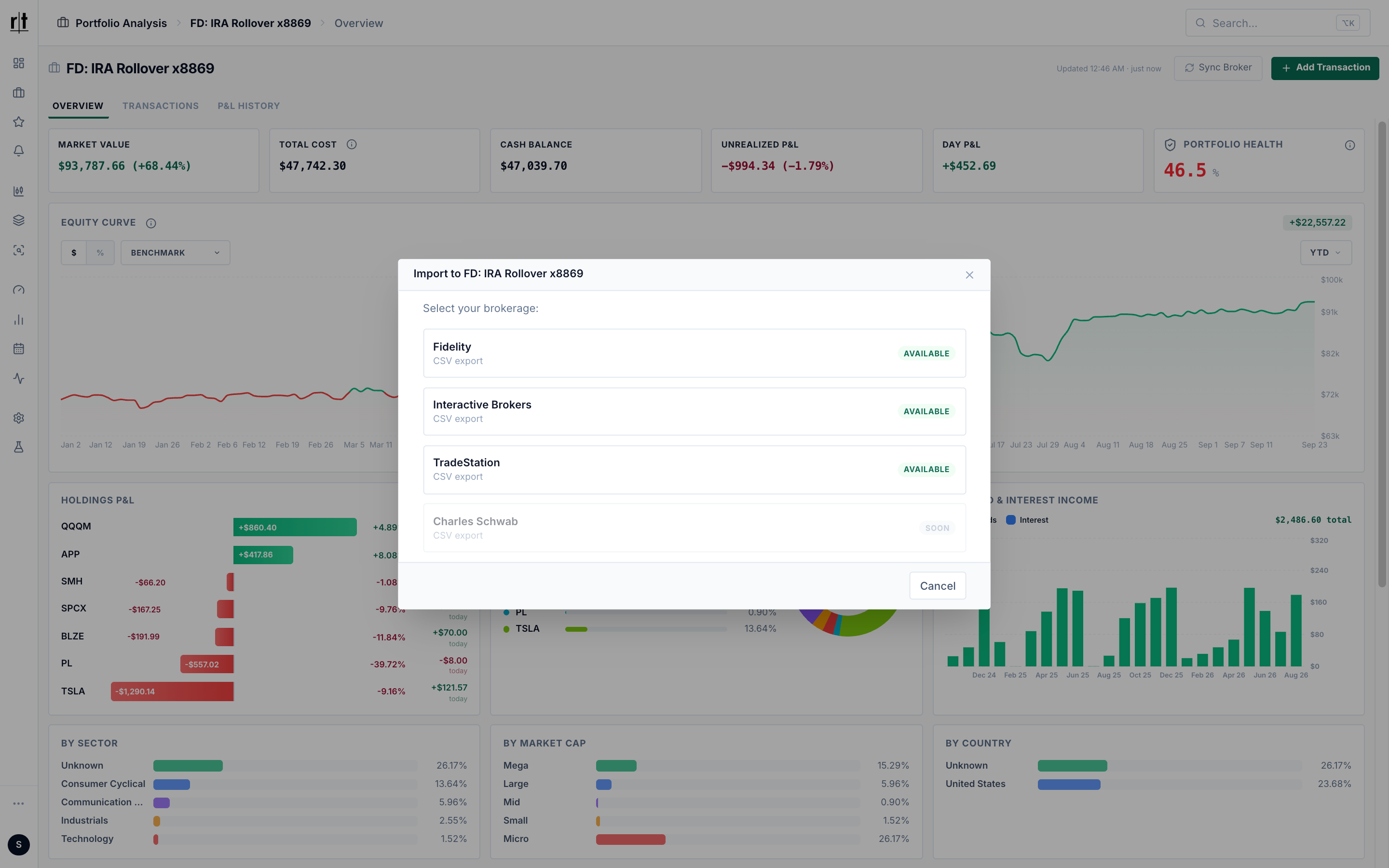 Recurring Trade Import to Portfolio modal with a brokerage selection list showing Fidelity, Interactive Brokers and TradeStation available via CSV export and Charles Schwab coming soon